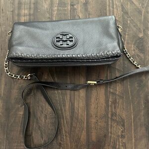 Tory Burch Black Pebbled Leather Crossbody with Chain Strap